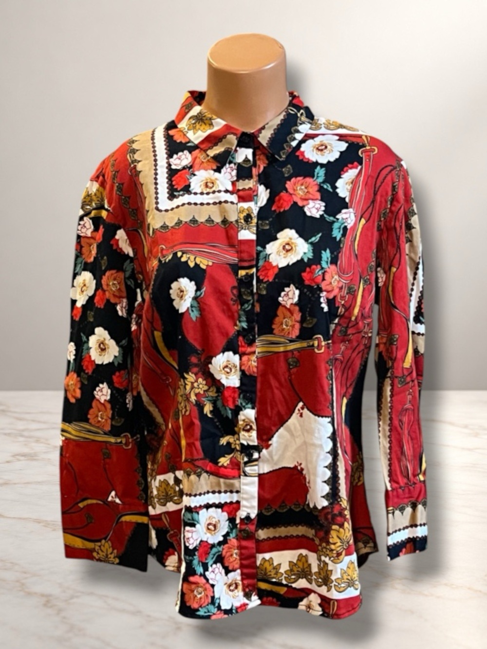 ☑️ NY&Co 7th Avenue Red Black Floral Baroque Scarf Print Button Shirt Size XL
